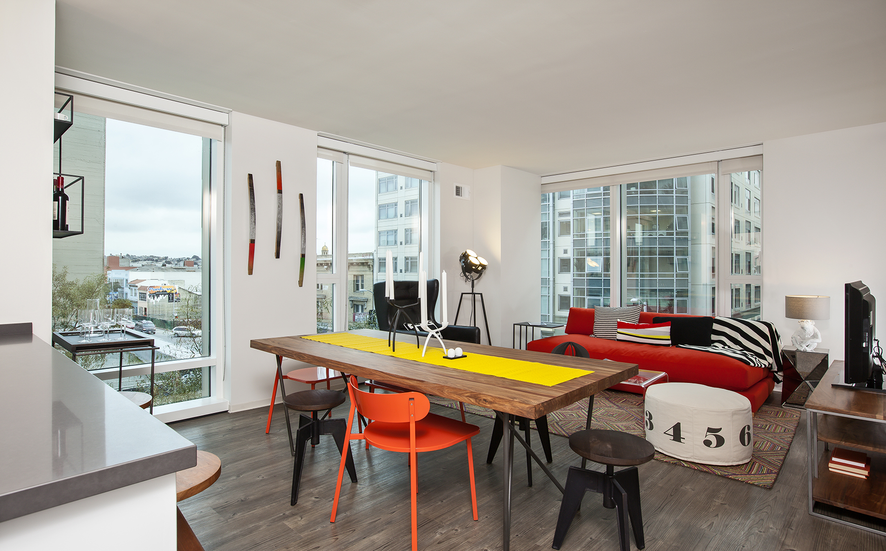 Dining and living area with ahrd surface flooring