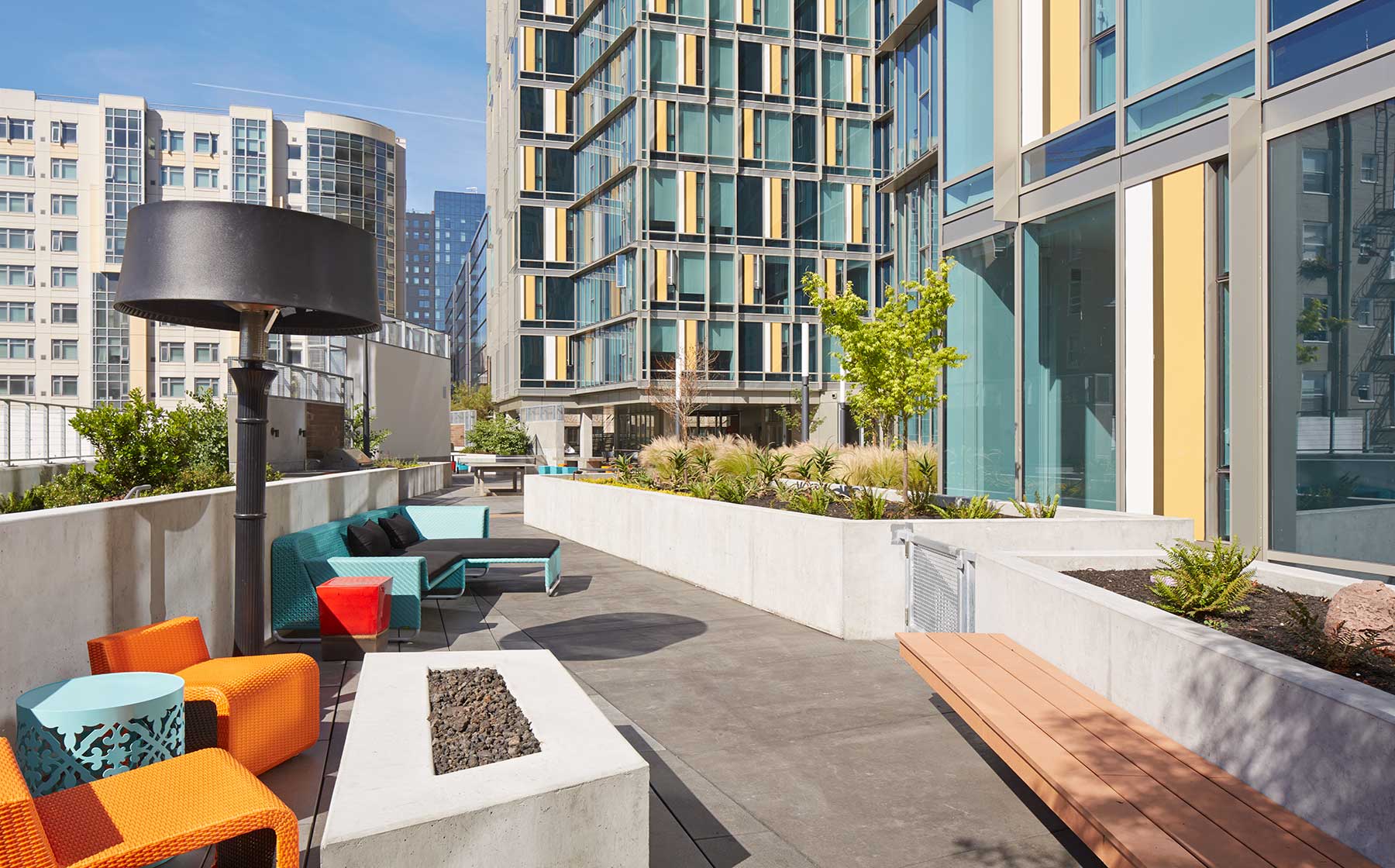 Outdoor chill lounge with common area seating and fireplace