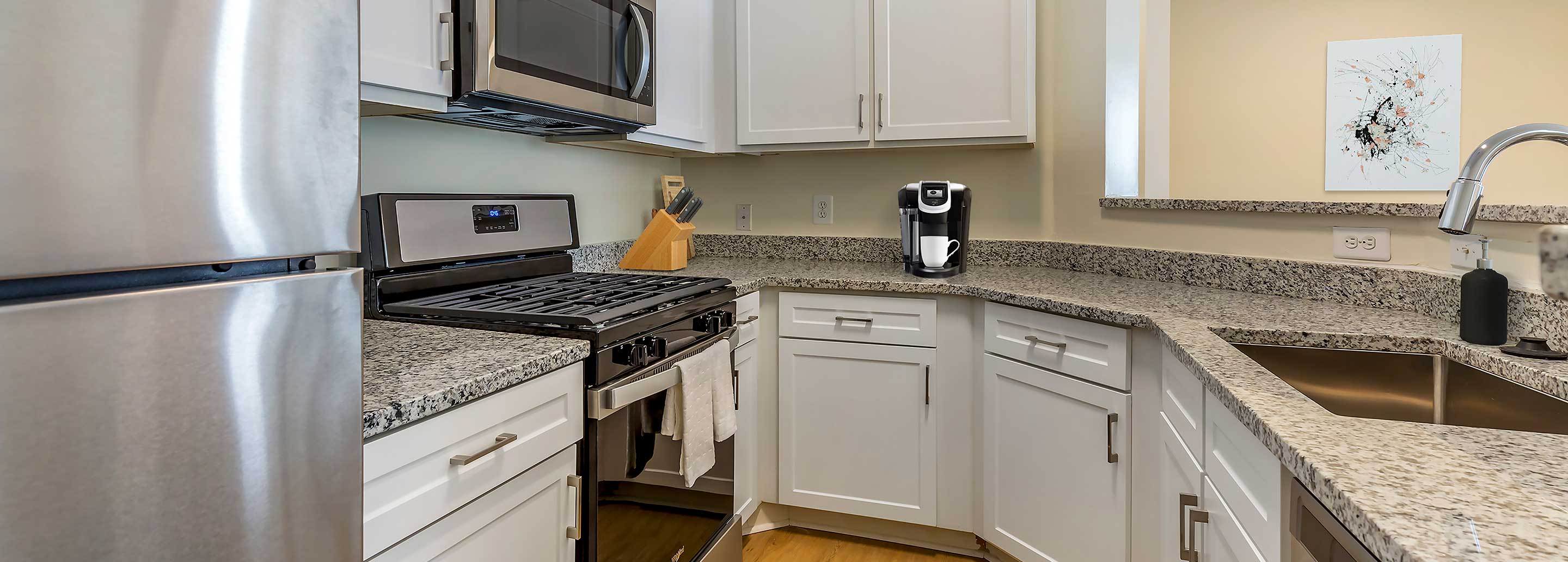 Renovated Package I kitchen with white cabinetry, grey granite countertops, stainless steel appliances, and hard surface plank flooring